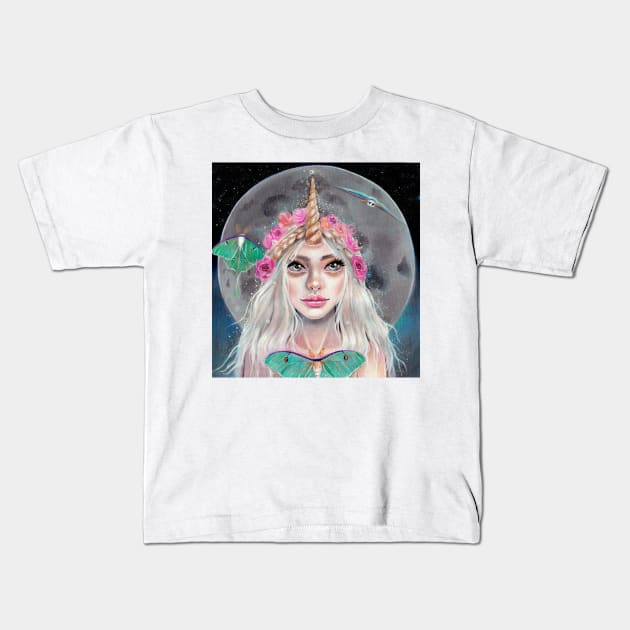 Nymeria and the Luna Moths, Unicorn Girl Kids T-Shirt by KimTurner